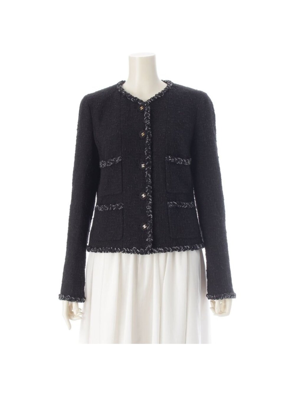Chanel 07P Cotton CC Logo Tweed Collarless Jacket Black 42